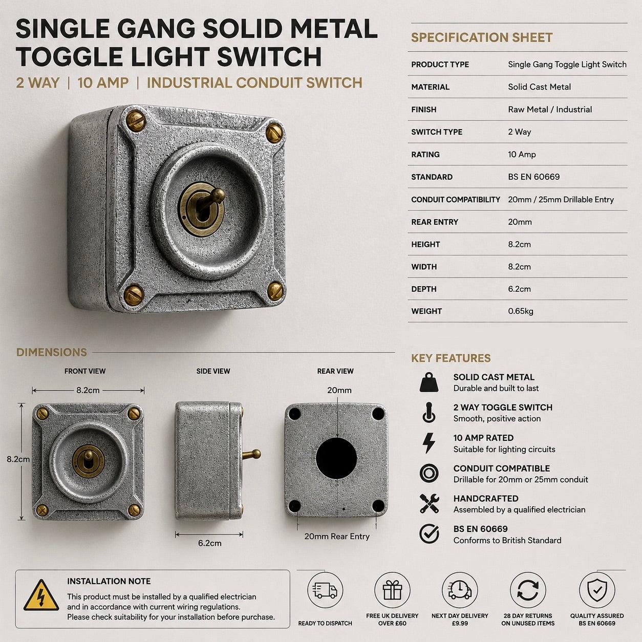 Single Gang Solid Metal Toggle Light Switch | 2 Way 10 Amp Industrial Conduit Switch