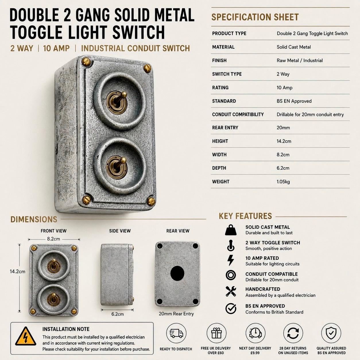 Double 2 Gang Cast Metal Light Switch | Industrial 2 Way Toggle Switch | Vintage Crabtree Style