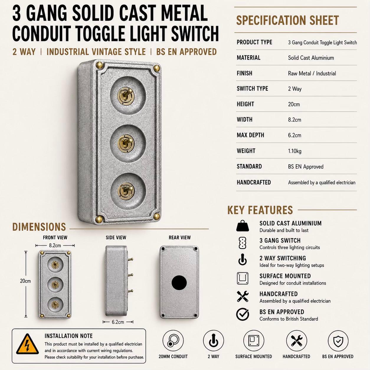 3 Gang 2 Way Solid Cast Metal Conduit Toggle Light Switch