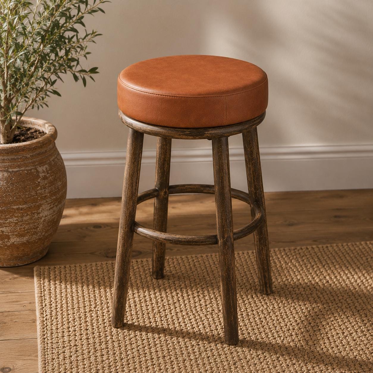 Tan Genuine Leather Round Replacement Stool Seat Pad - 31cm