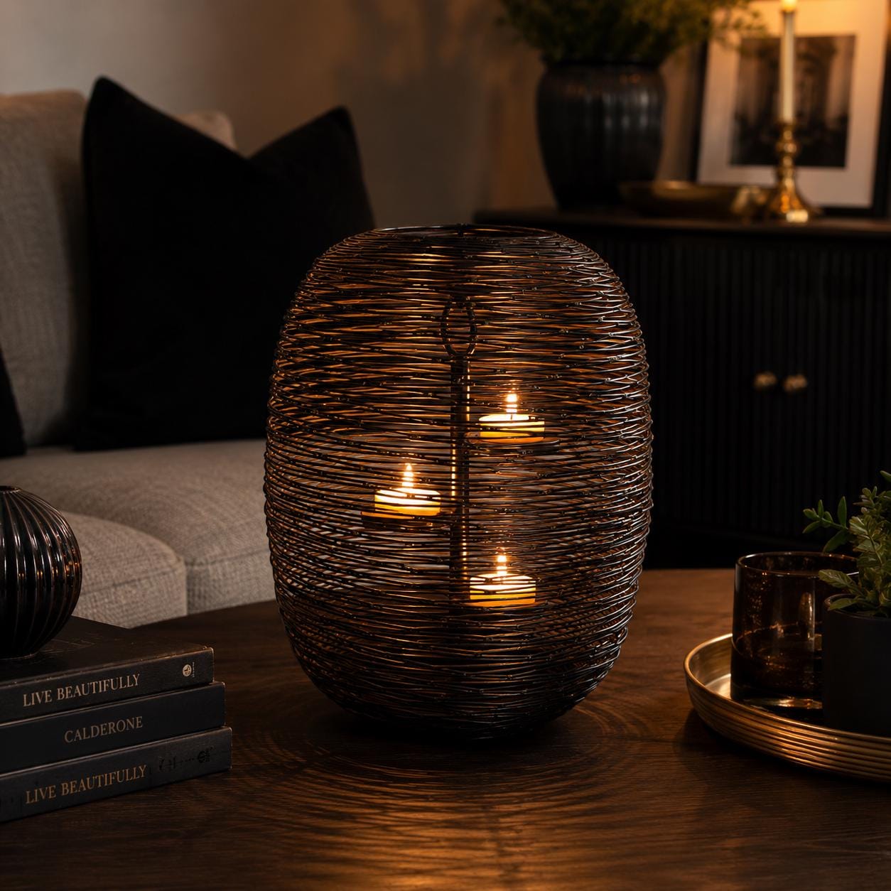 Botswana Black & Gold 3-Tier Tealight Lantern Candle Holder | 30cm