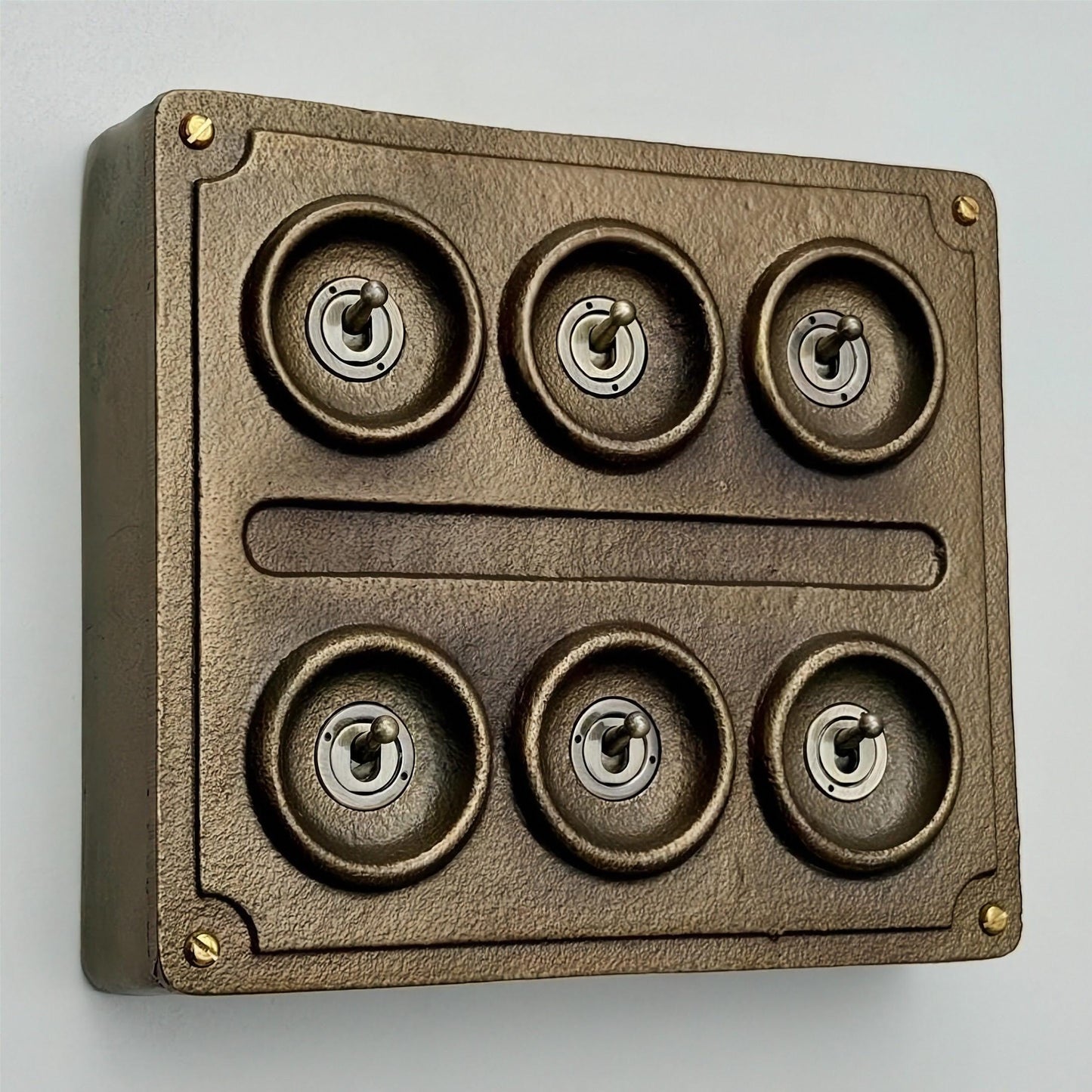 6 Gang 2 Way Antique Brass Solid Cast Metal Toggle Light Switch | Industrial Vintage Style