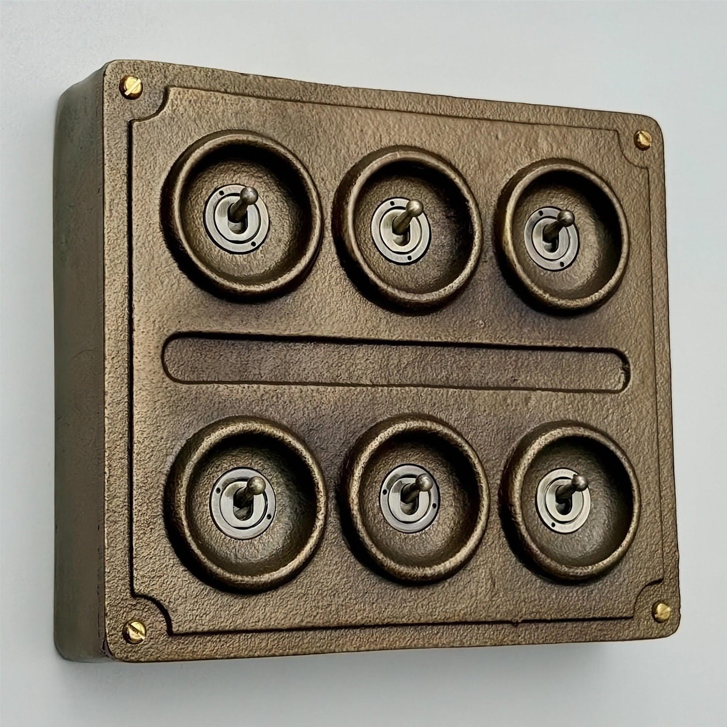 6 Gang 2 Way Antique Brass Solid Cast Metal Toggle Light Switch | Industrial Vintage Style