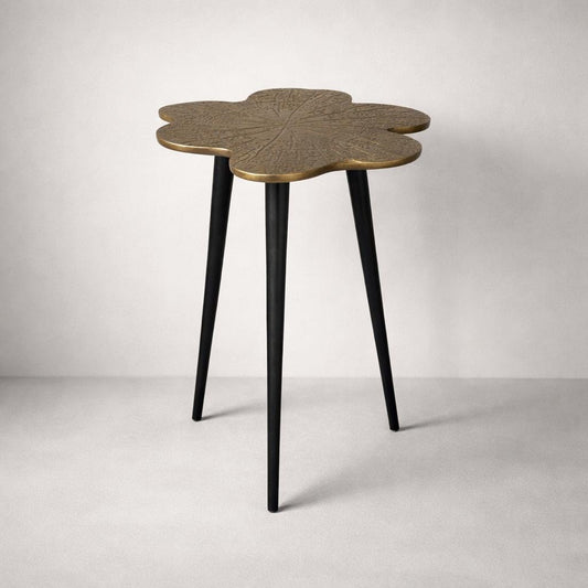 Brass Clover Side Table | Etched Botanical Top & Black Iron Legs