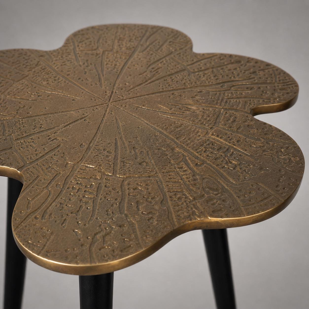 Brass Clover Side Table | Etched Botanical Top & Black Iron Legs
