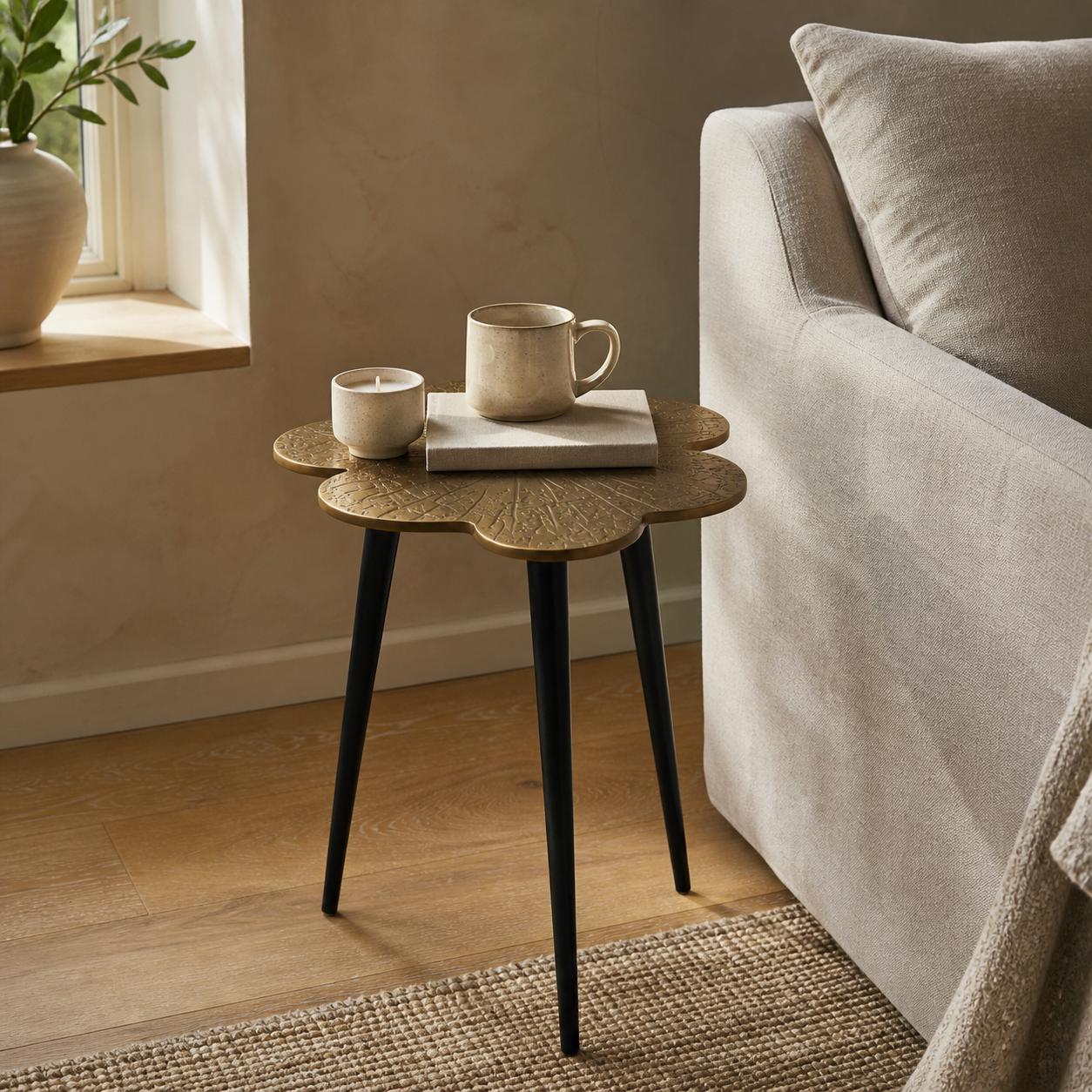 Brass Clover Side Table | Etched Botanical Top & Black Iron Legs