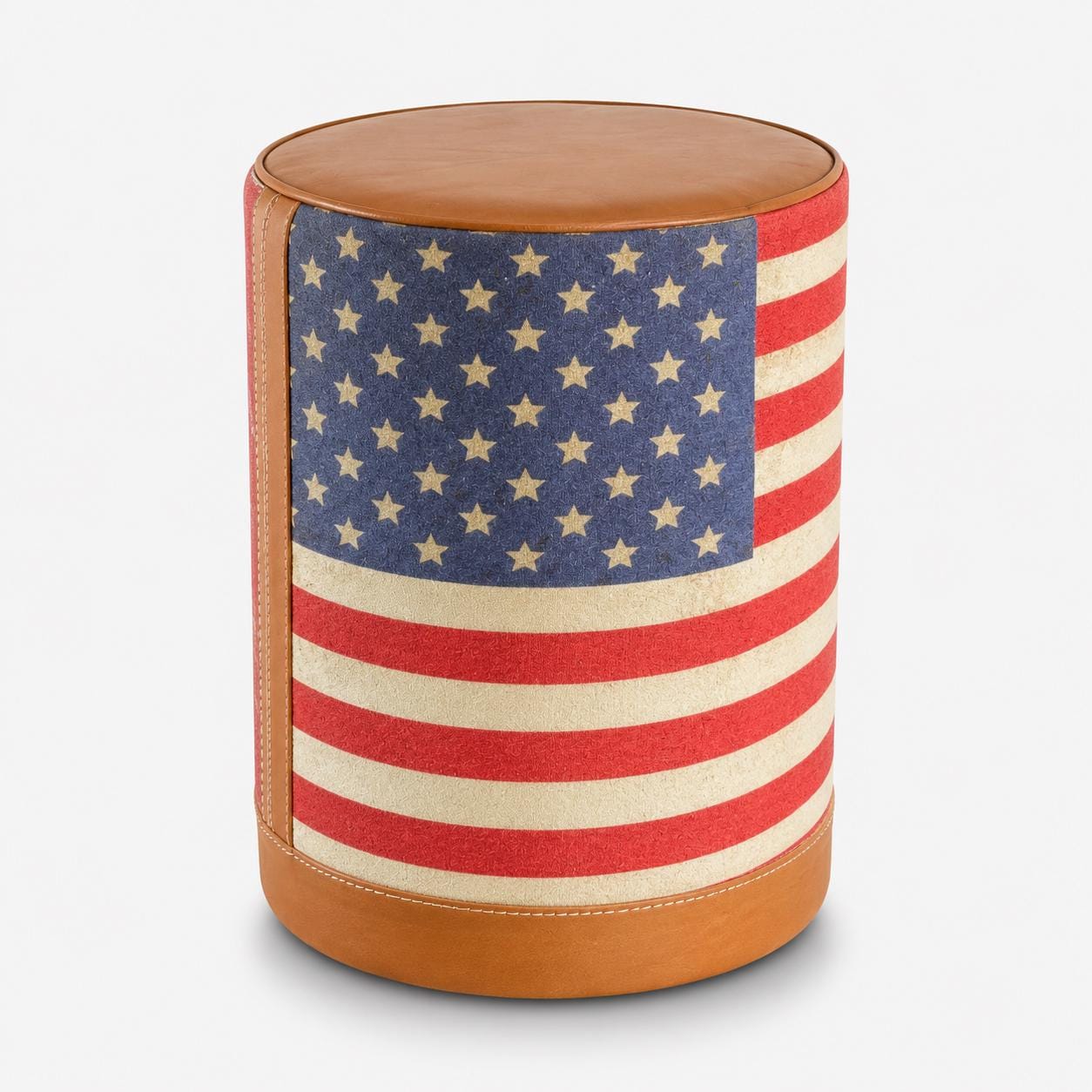 Stars & Stripes USA Flag Pouf Footstool | Genuine Leather and Vintage Fabric