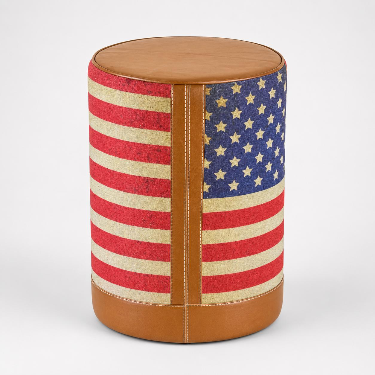 Stars & Stripes USA Flag Pouf Footstool | Genuine Leather and Vintage Fabric