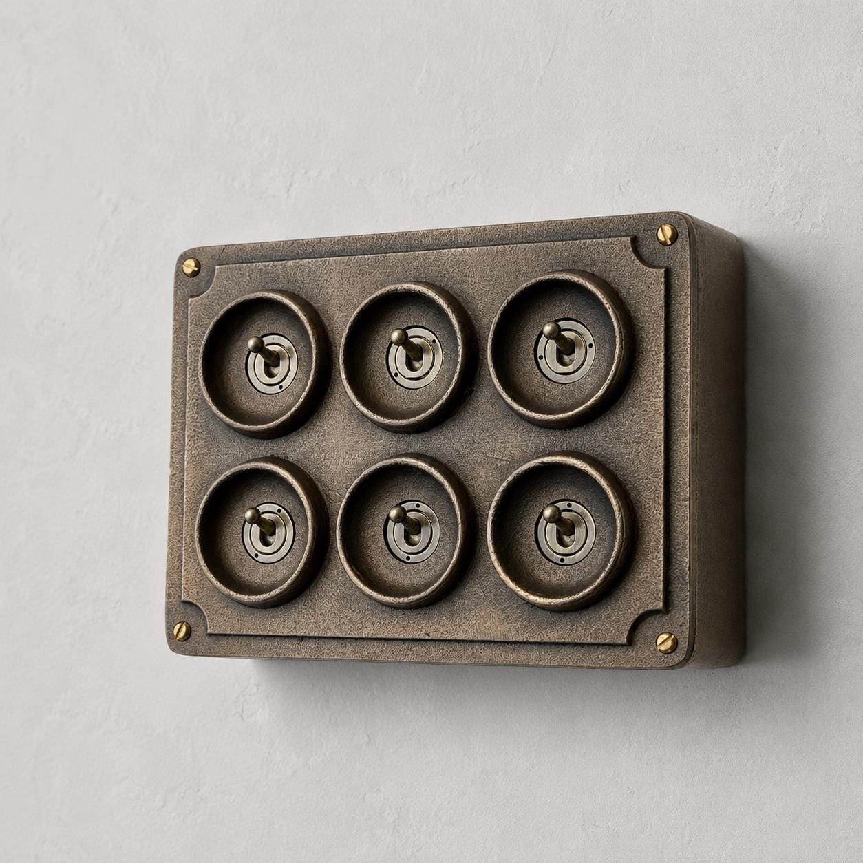 6 Gang 2 Way Antique Brass Solid Cast Metal Conduit Light Switch | Vintage Crabtree Style
