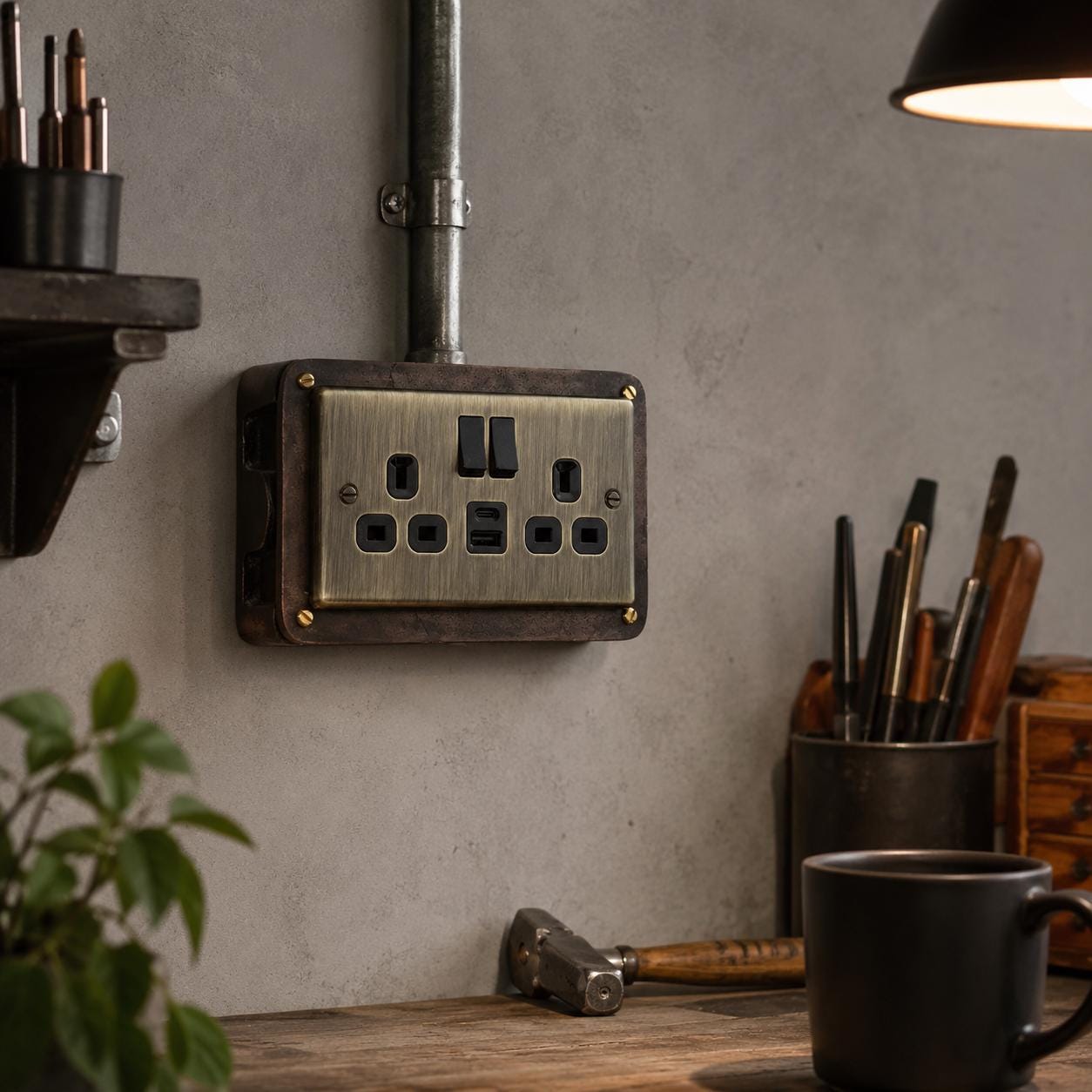 Antique Brass Double Switched Antique Copper Solid Cast Metal Conduit 2-Gang Socket + 2 Outlet Type A & C USB Charger