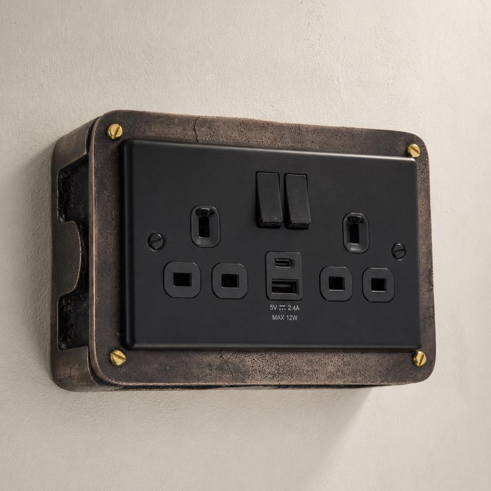 Matt Black Double Gang Plug Socket with Industrial Antique Copper Back Conduit Box