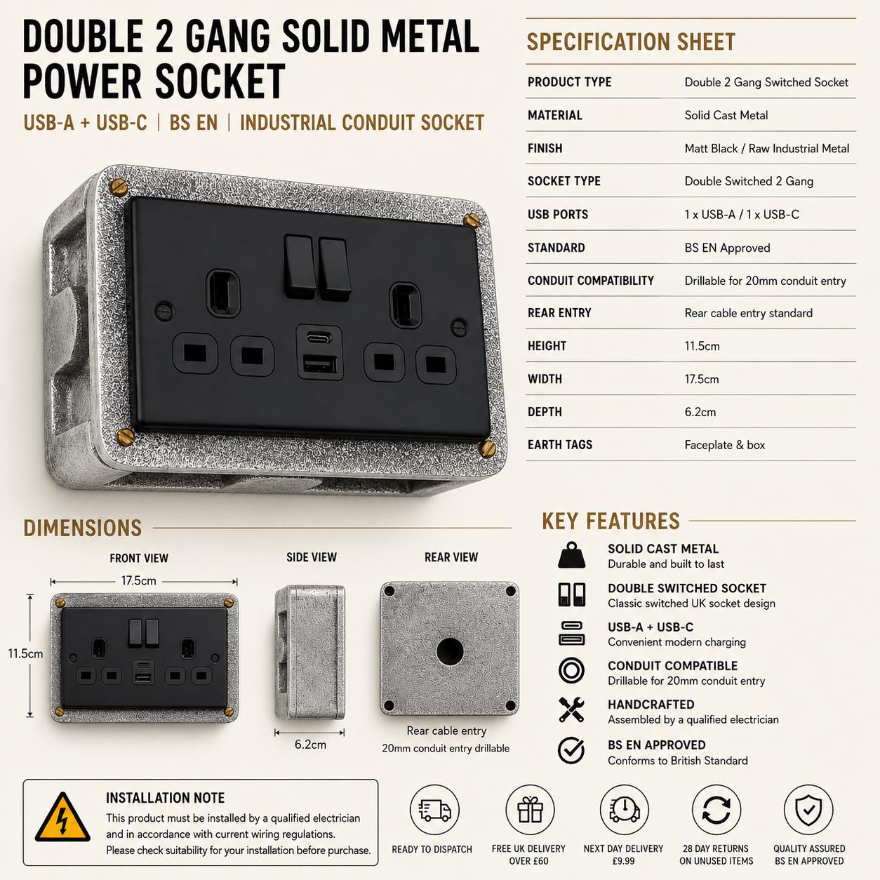 Matt Black Double Switched Solid Cast Metal Conduit 2-Gang Socket + 2 Outlet Type A & C USB Charger