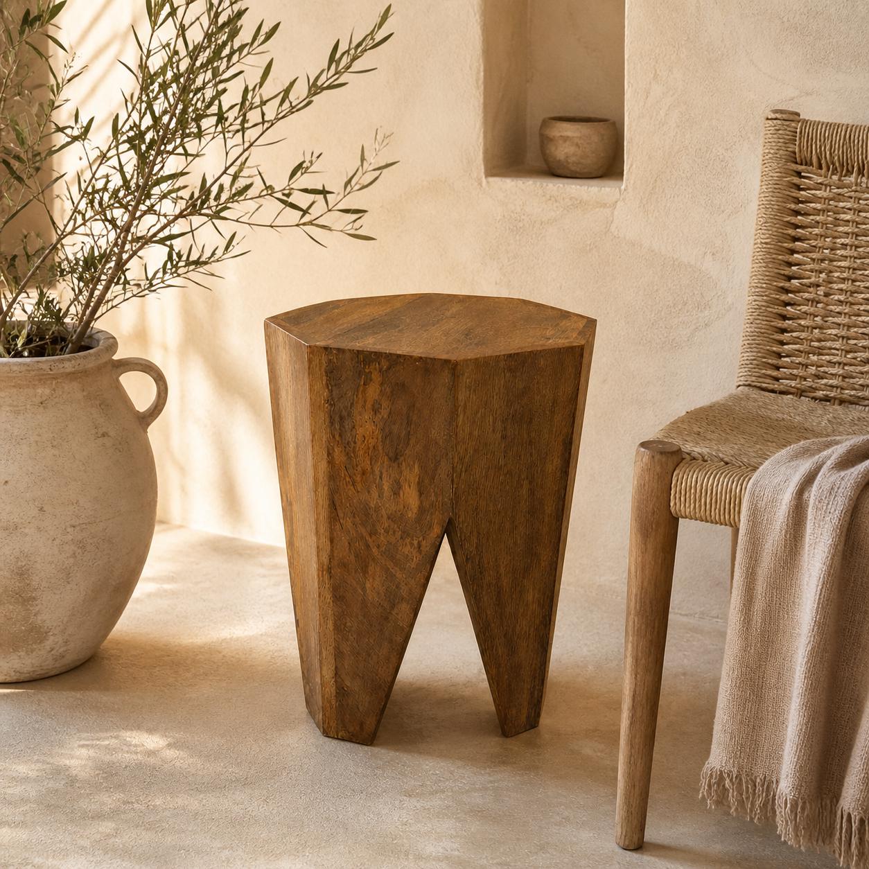 Solid Mango Wood Side Table | Retro Carved Coffee Table Stool