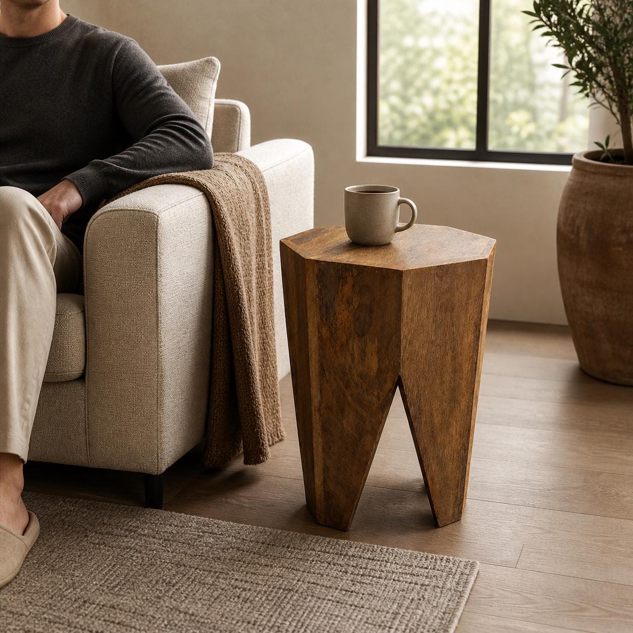 Solid Mango Wood Side Table | Retro Carved Coffee Table Stool