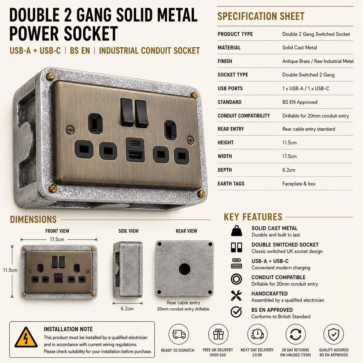 Antique Brass Double Switched Socket | 13A 2 Gang Solid Cast Metal