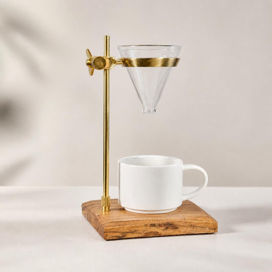 Slow Drip Pour Over Coffee Stand | Brass, Wood & Glass Brewer