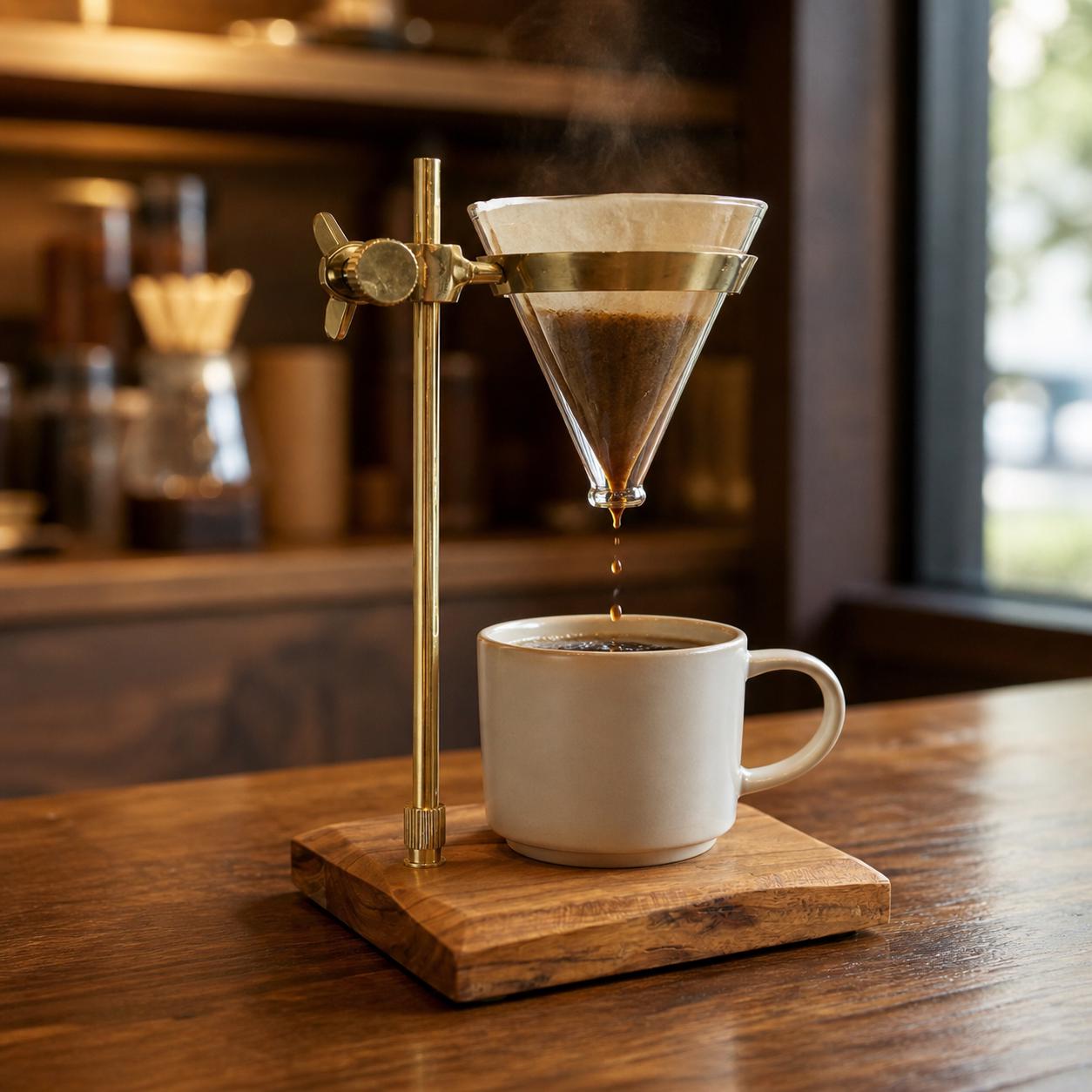 Slow Drip Pour Over Coffee Stand | Brass, Wood & Glass Brewer