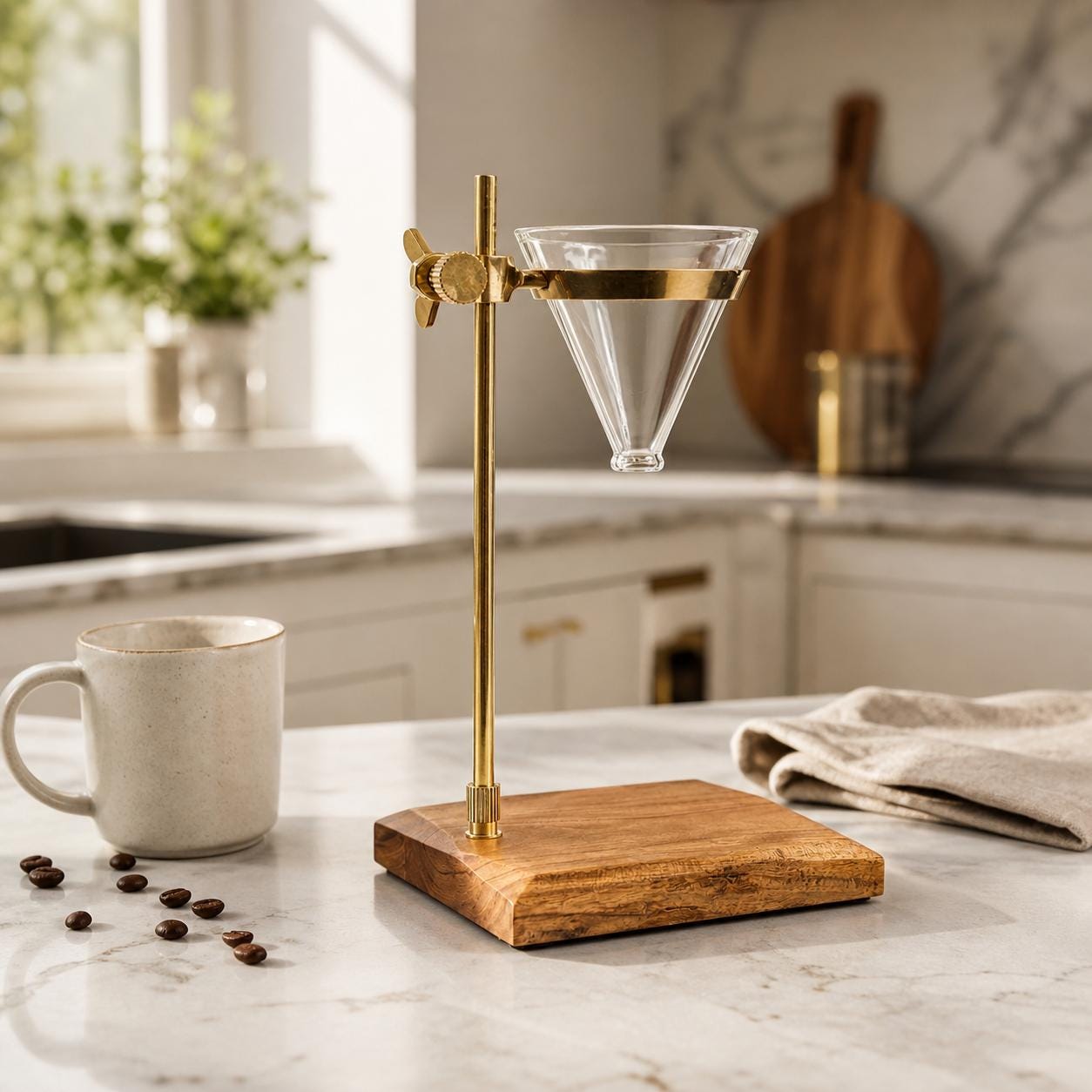 Slow Drip Pour Over Coffee Stand | Brass, Wood & Glass Brewer