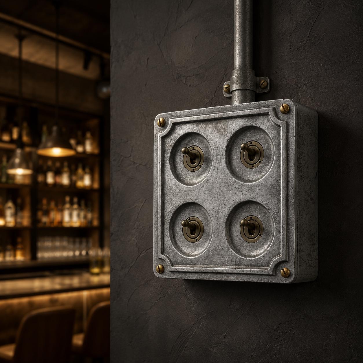 4 Gang 2 Way Solid Cast Metal Conduit Light Toggle Switch | Industrial Surface Mounted