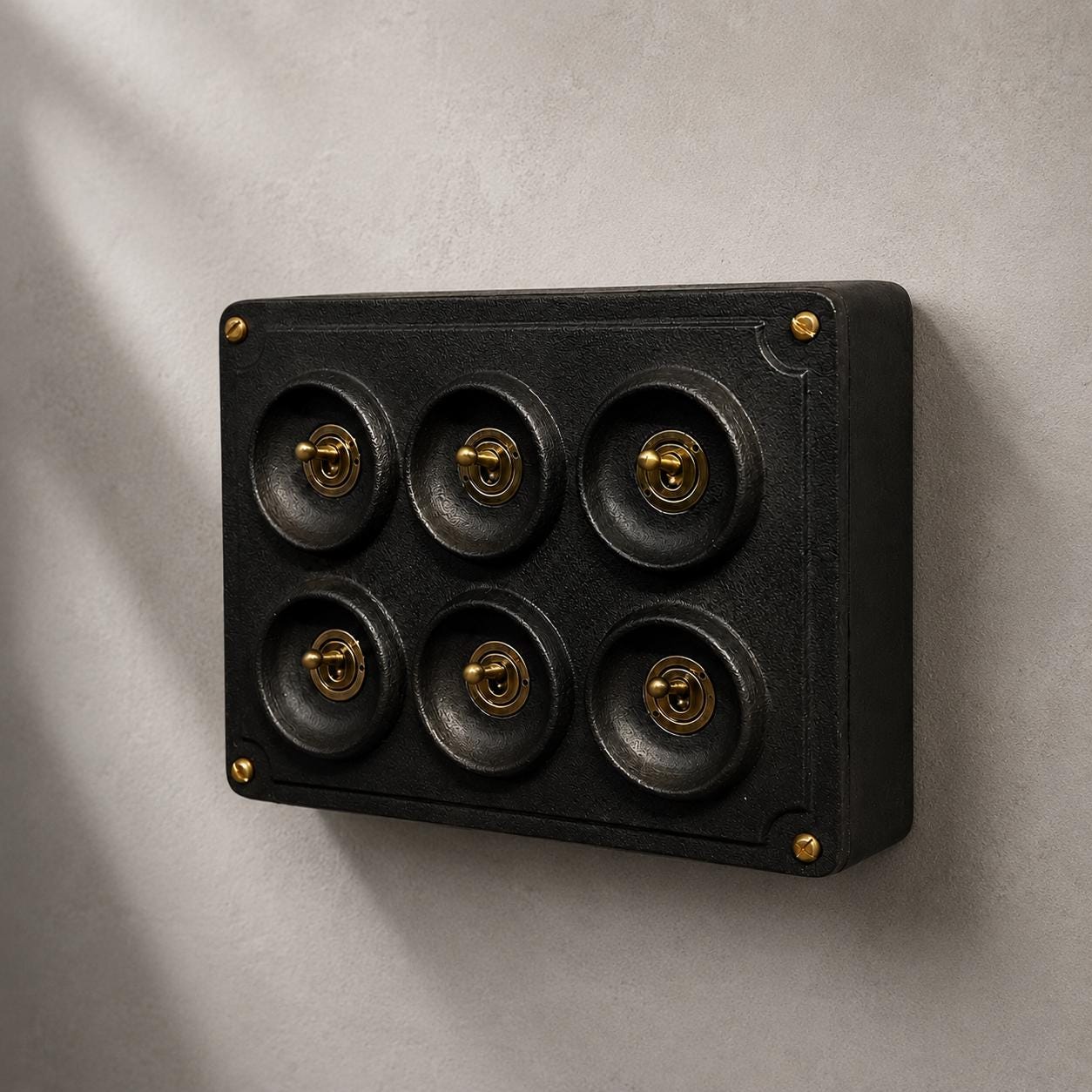6 Gang 2 Way Matt Black Metal Toggle Light Switch | Surface Mounted Industrial Conduit