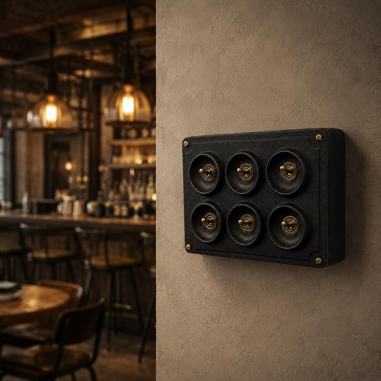 6 Gang 2 Way Matt Black Metal Toggle Light Switch | Surface Mounted Industrial Conduit