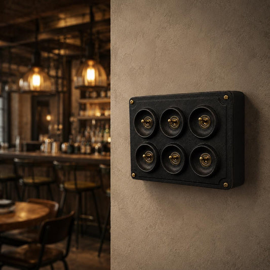 6 Gang 2 Way Matt Black Metal Toggle Light Switch | Surface Mounted Industrial Conduit