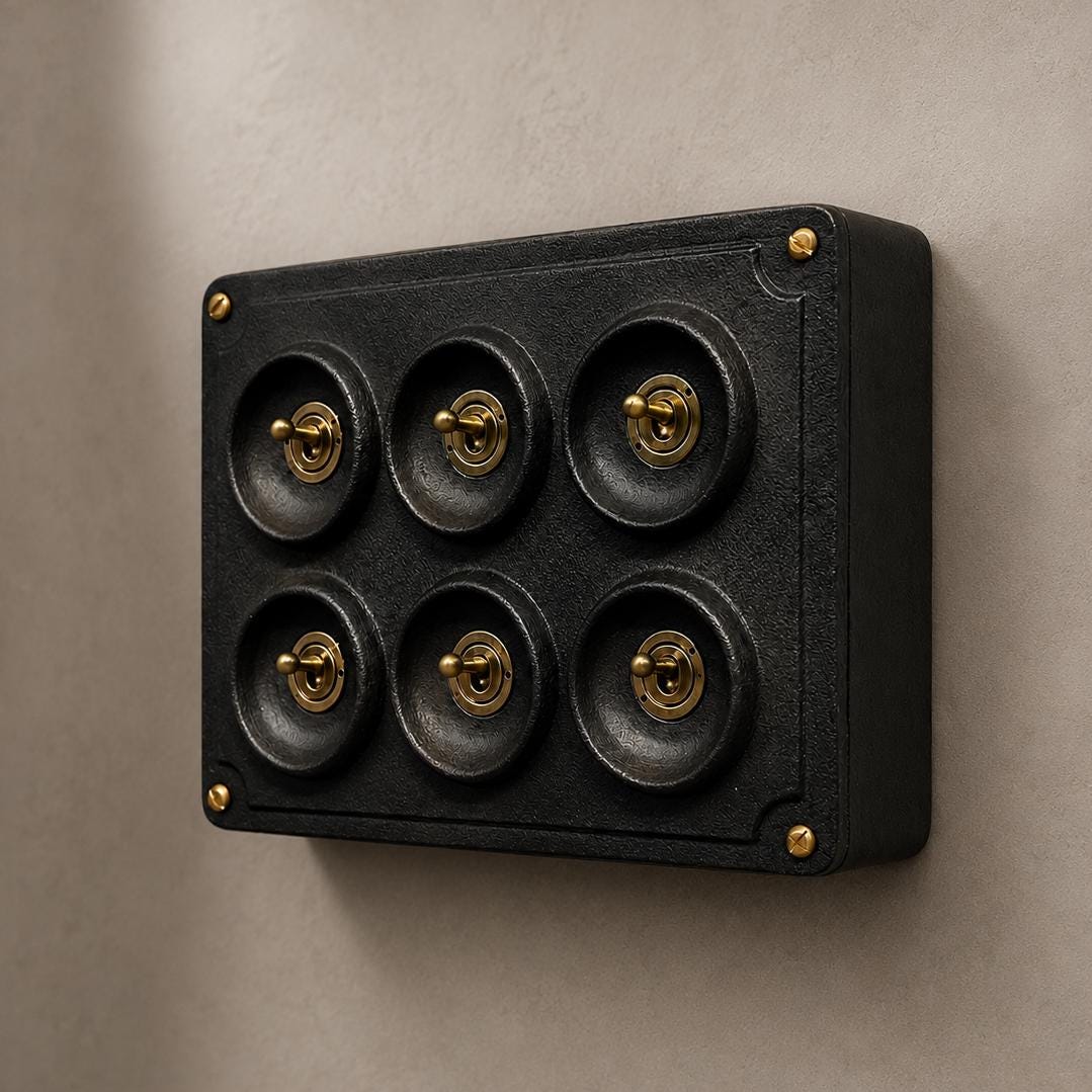 6 Gang 2 Way Matt Black Metal Toggle Light Switch | Surface Mounted Industrial Conduit