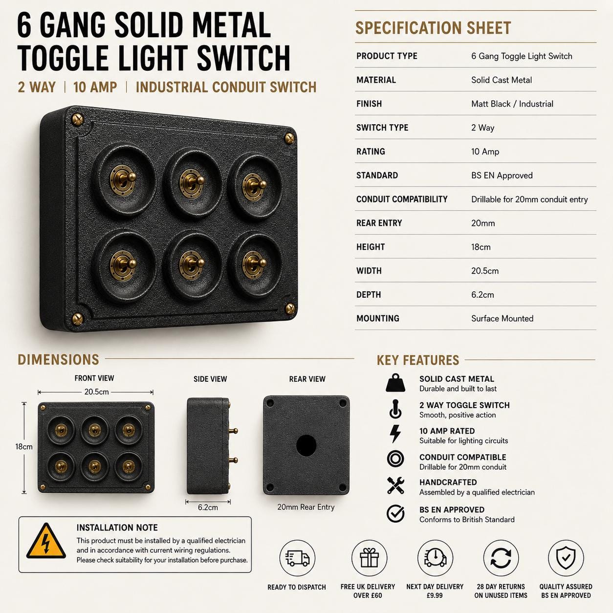 6 Gang 2 Way Matt Black Metal Toggle Light Switch | Surface Mounted Industrial Conduit