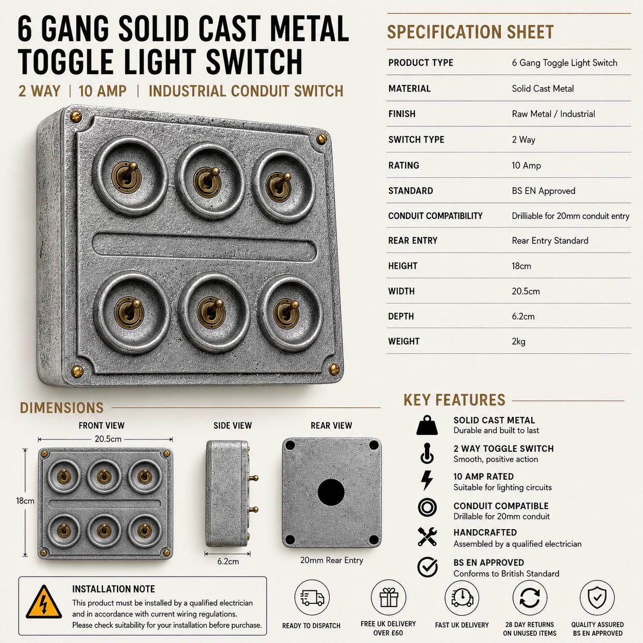 6 Gang 2 Way Solid Cast Metal Conduit Light Switch | Vintage Crabtree Style