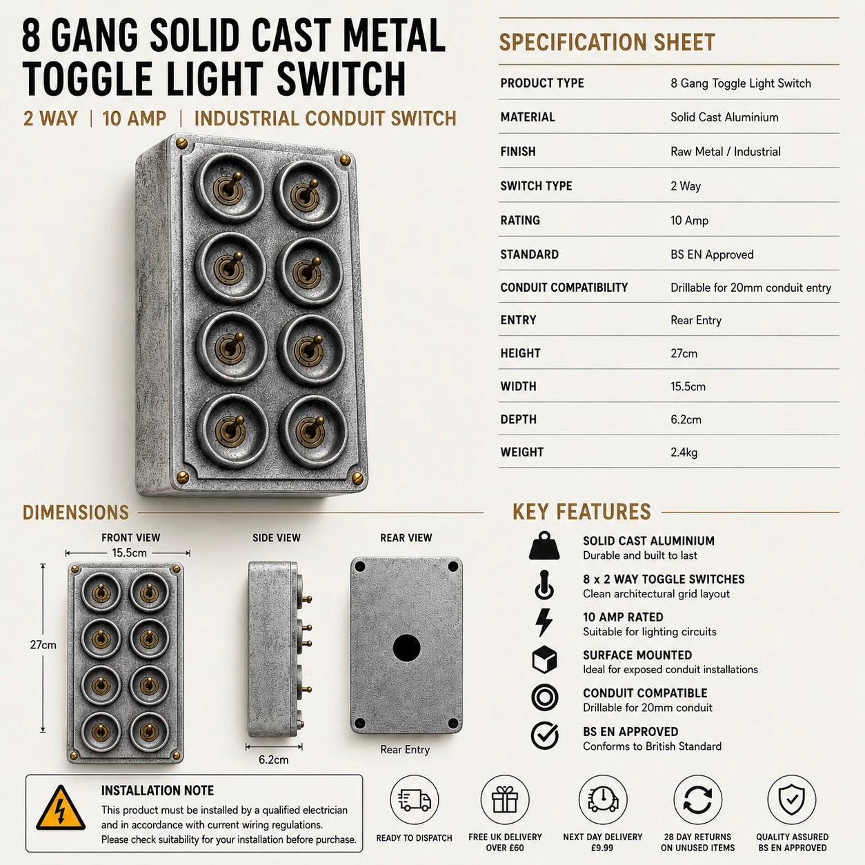 8 Gang 2 Way Toggle Light Switch | Cast Aluminium Surface Mounted Industrial Conduit Switch