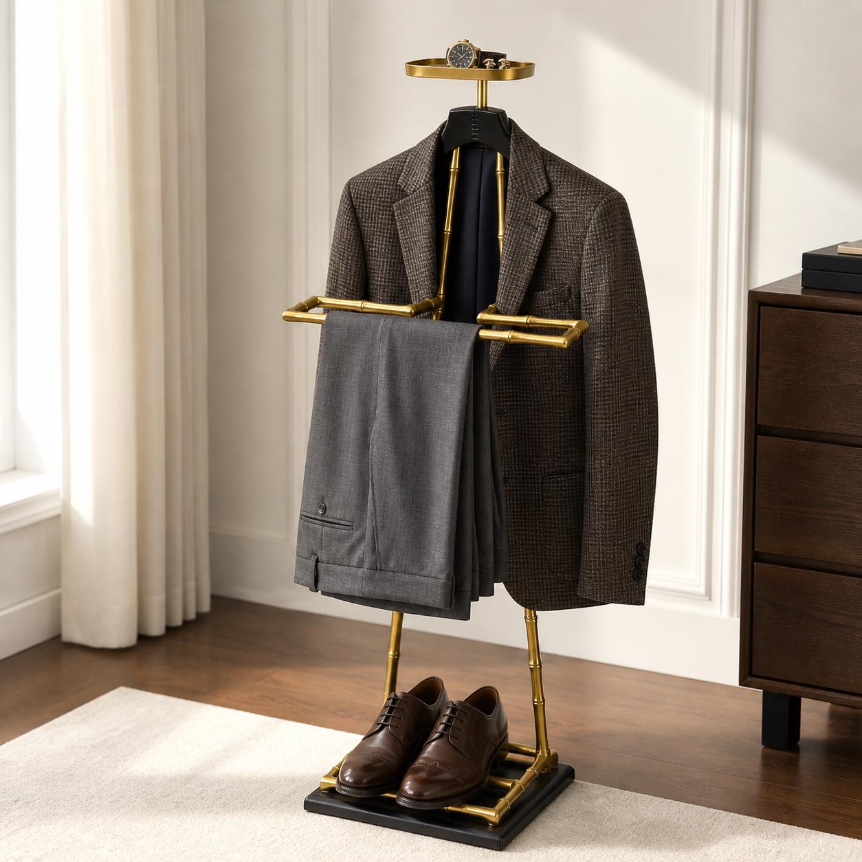 Luxury Dressboy Vintage Brass & Black Leather Valet Suit and Clothes Stand
