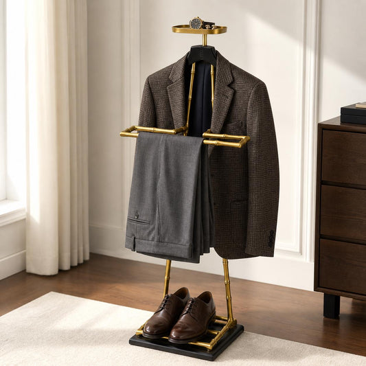 Luxury Dressboy Vintage Brass & Black Leather Valet Suit and Clothes Stand