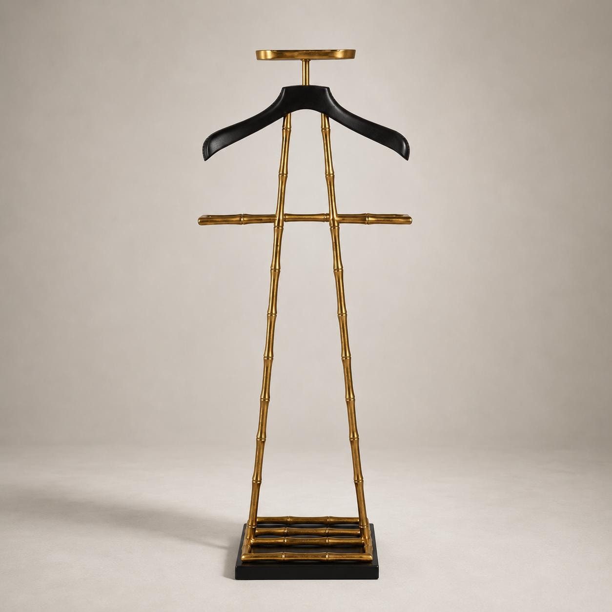Luxury Dressboy Vintage Brass & Black Leather Valet Suit and Clothes Stand