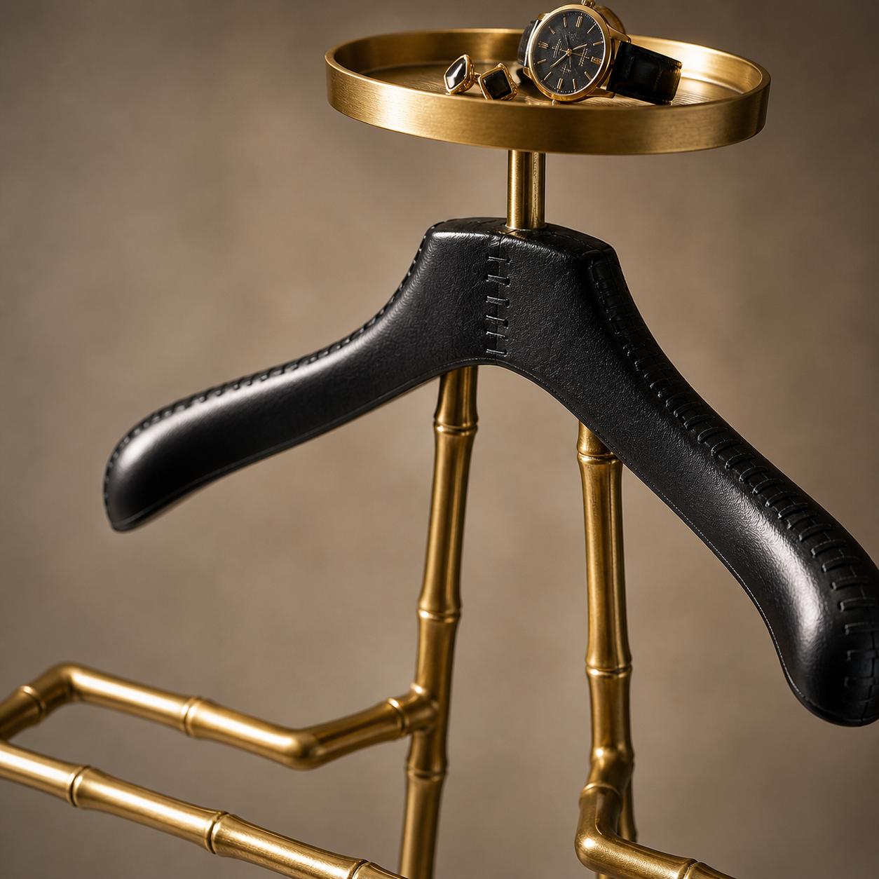 Luxury Dressboy Vintage Brass & Black Leather Valet Suit and Clothes Stand