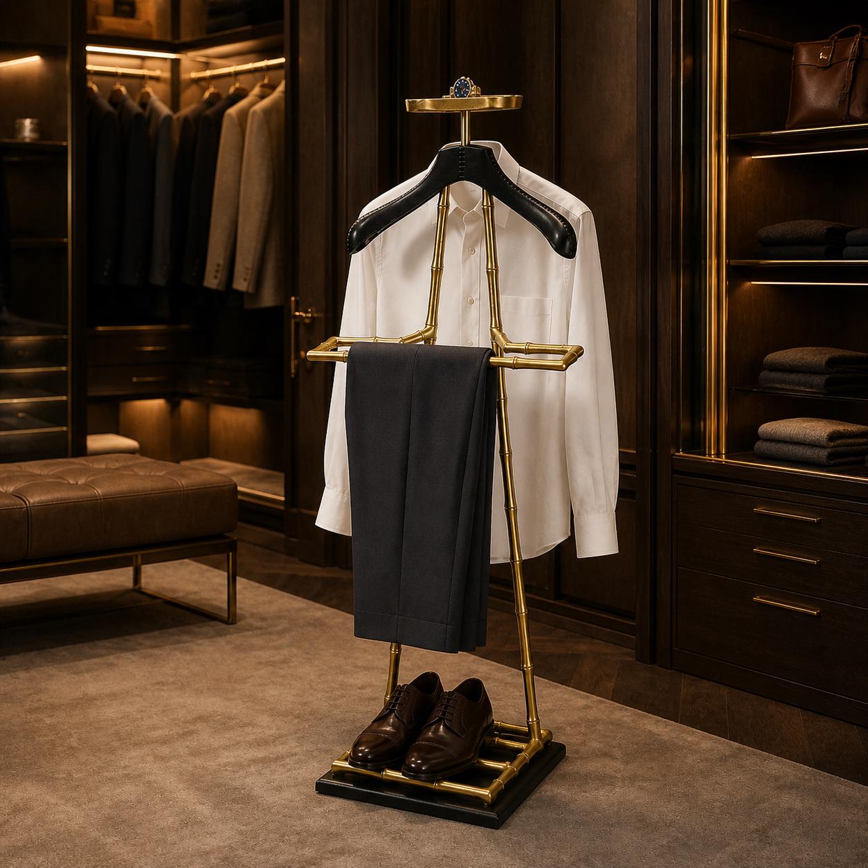 Luxury Dressboy Vintage Brass & Black Leather Valet Suit and Clothes Stand
