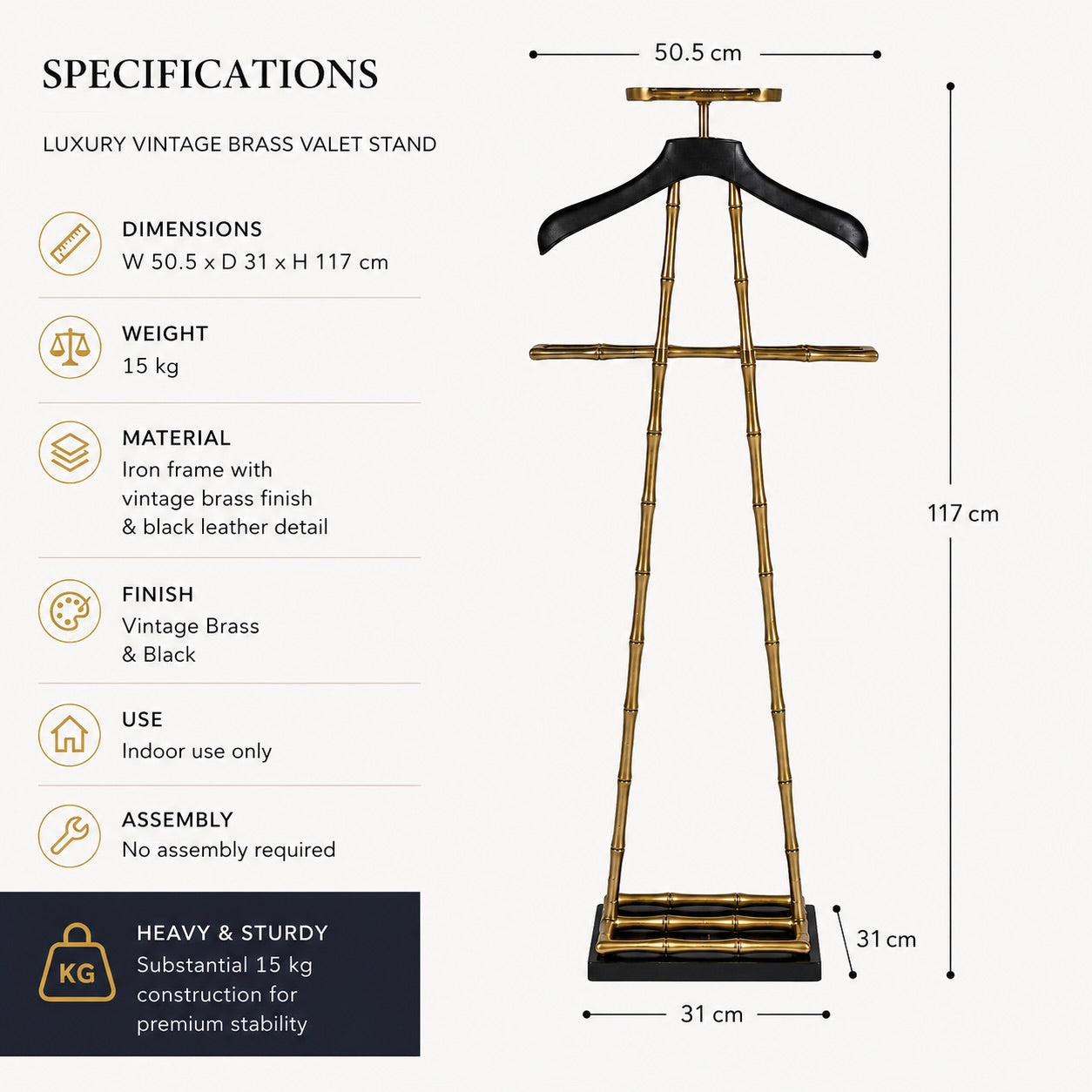 Luxury Dressboy Vintage Brass & Black Leather Valet Suit and Clothes Stand