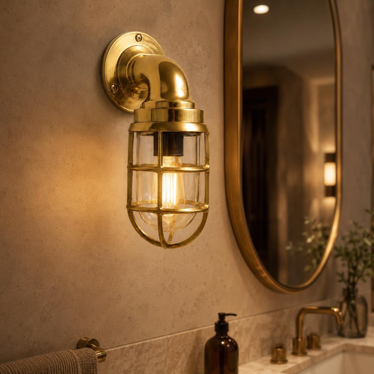 Beachamwell Solid Brass Caged Swan Neck Wall Light - IP65