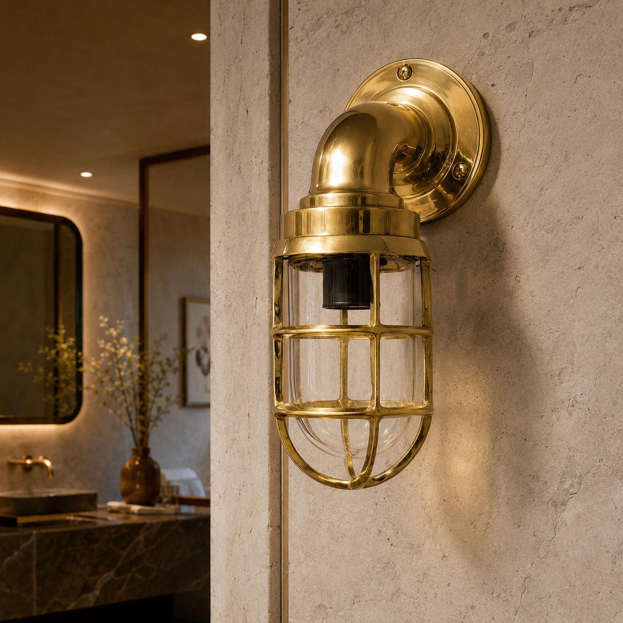 Beachamwell Solid Brass Caged Swan Neck Wall Light - IP65