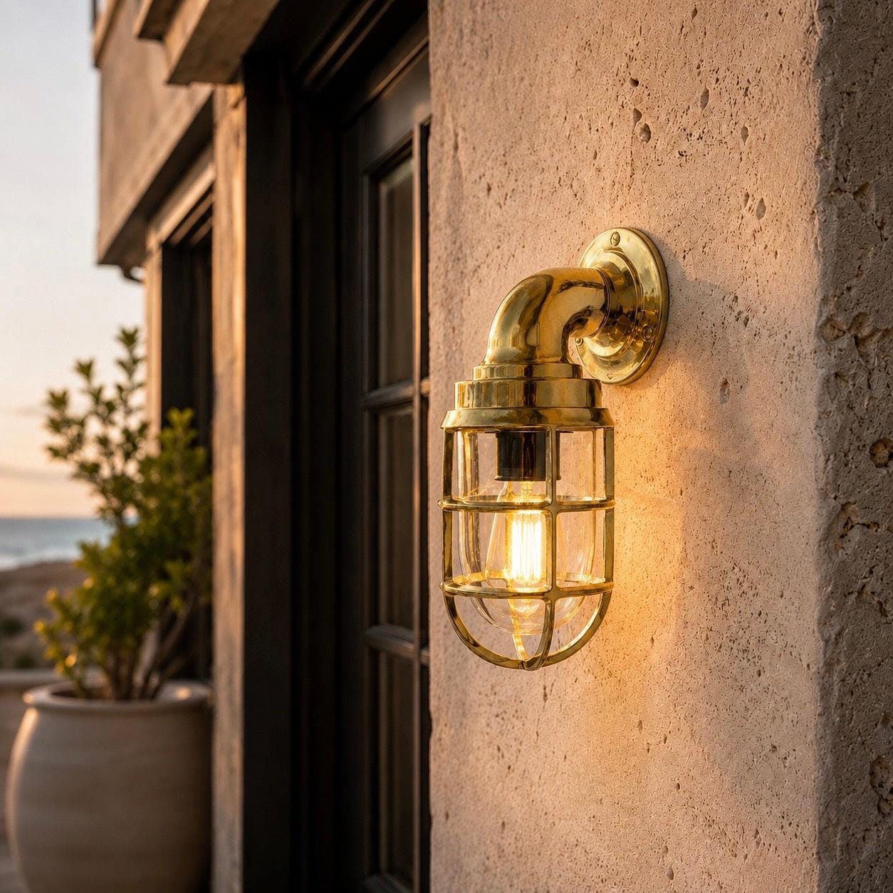Beachamwell Solid Brass Caged Swan Neck Wall Light - IP65