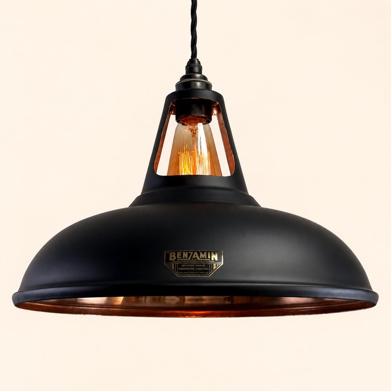 Cawston XL Matt Black & Polished Copper Lampshade Pendant Light - 14 Inch