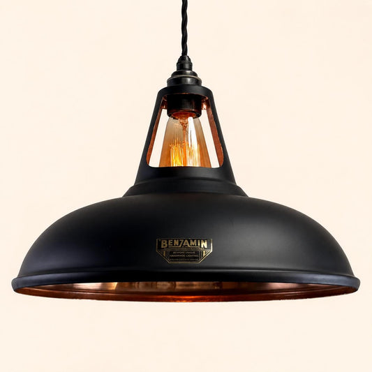 Cawston XL Matt Black & Polished Copper Lampshade Pendant Light - 14 Inch