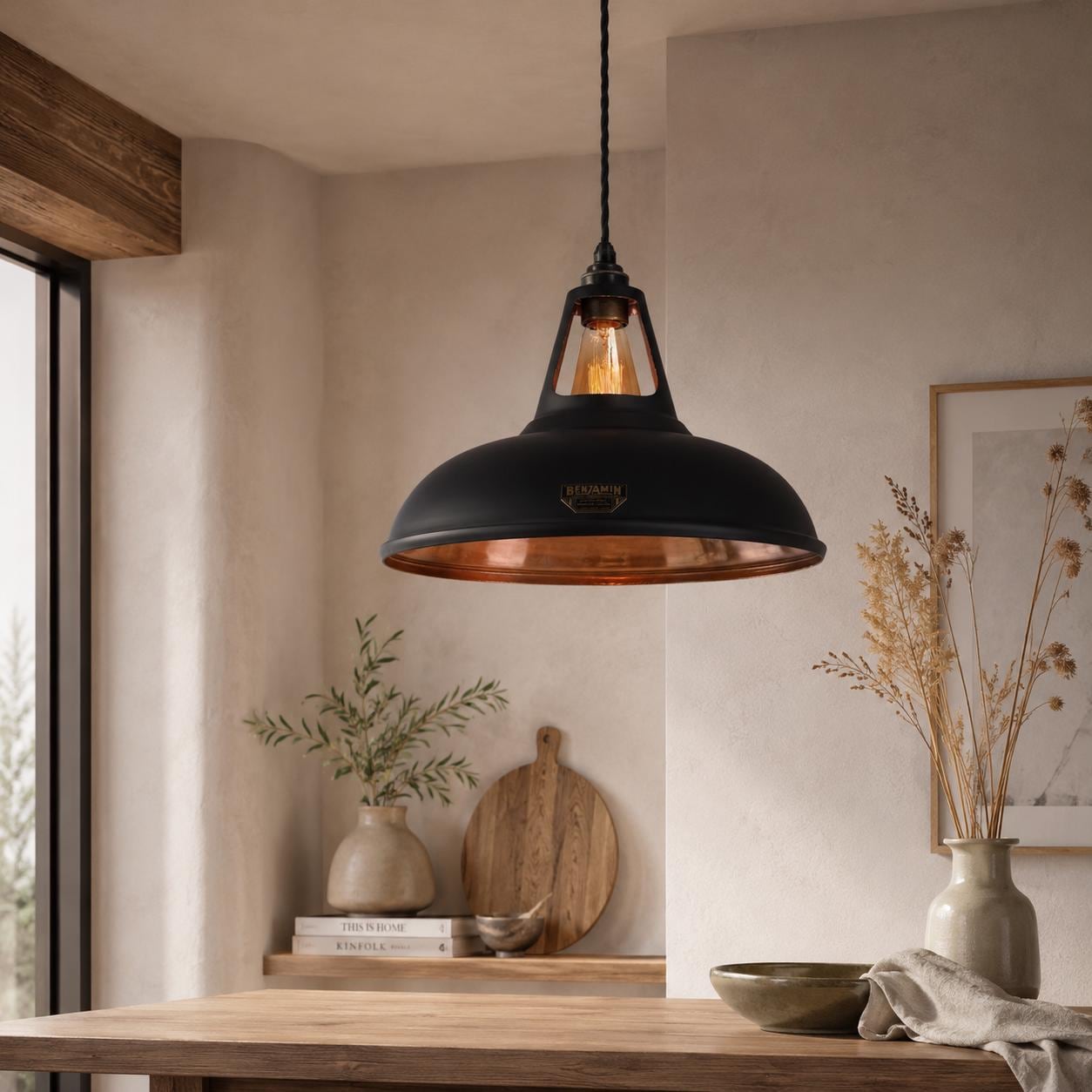 Cawston XL Matt Black & Polished Copper Lampshade Pendant Light - 14 Inch