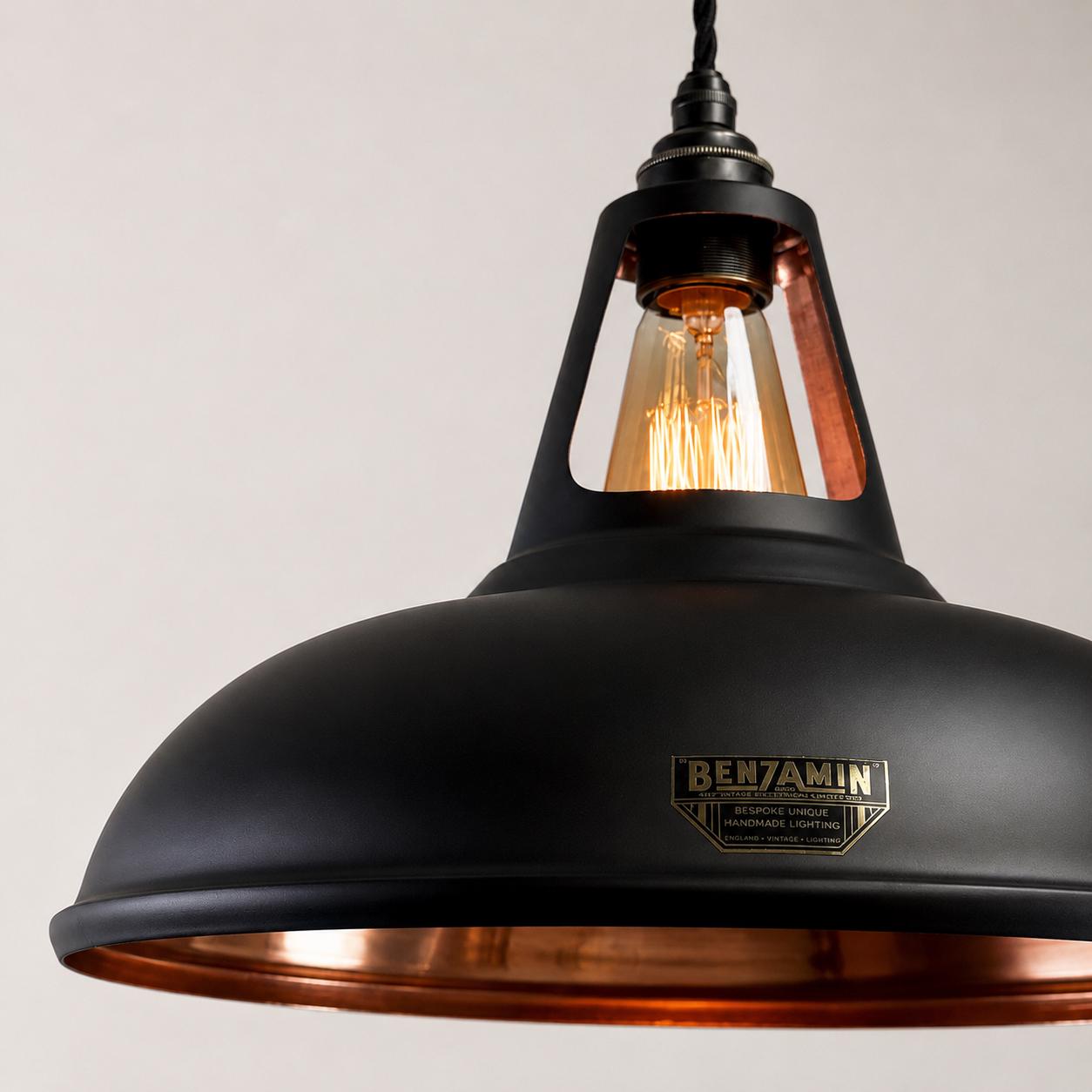 Cawston XL Matt Black & Polished Copper Lampshade Pendant Light - 14 Inch