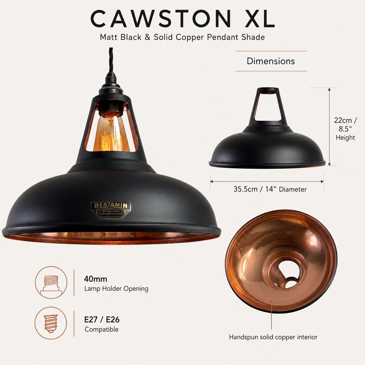 Cawston XL Matt Black & Polished Copper Lampshade Pendant Light - 14 Inch