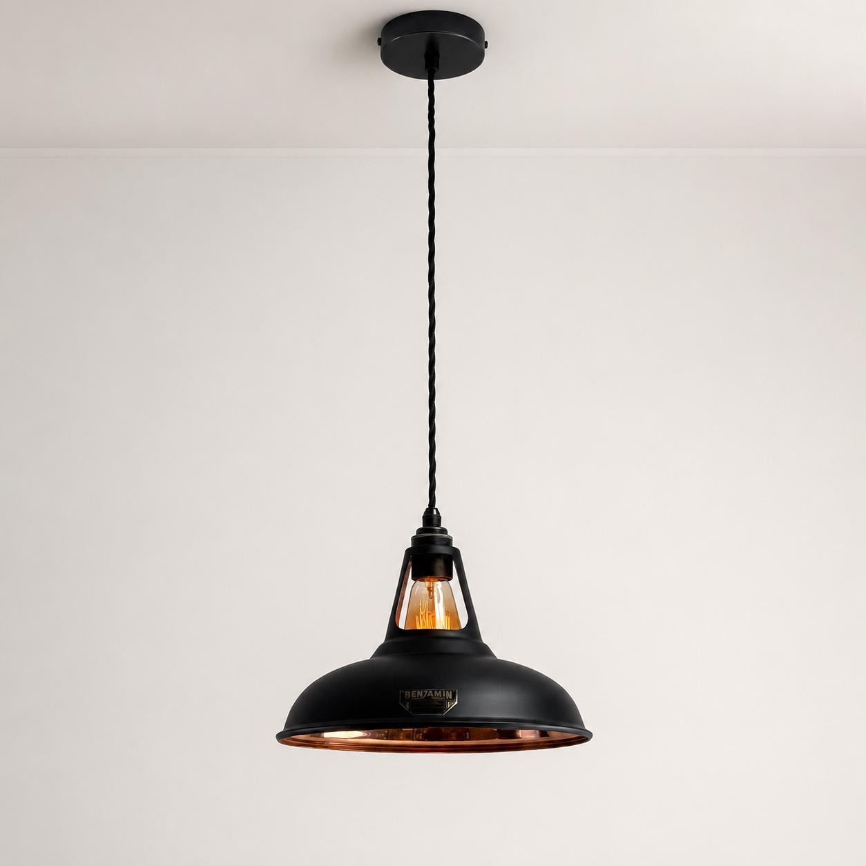 Cawston Matt Black & Polished Copper Coolicon Lampshade Pendant Light - 11 Inch