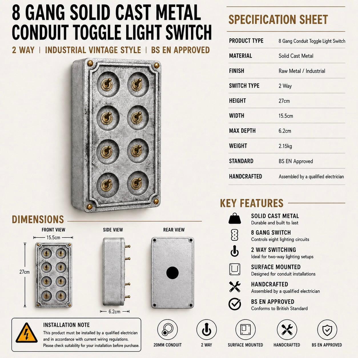 8 Gang 2 Way Solid Cast Metal Conduit Light Switch Industrial