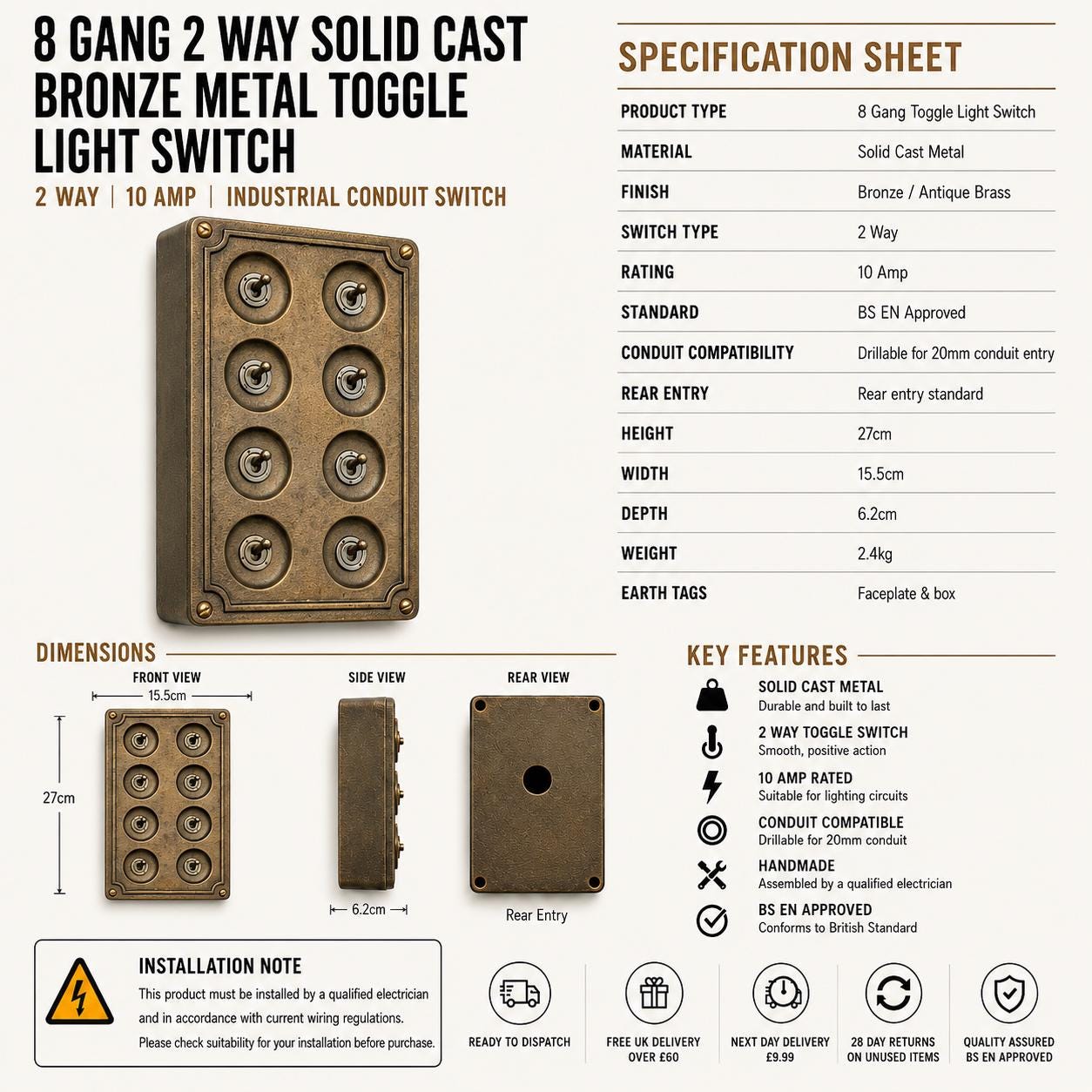 8 Gang 2 Way Antique Brass Solid Cast Metal Conduit Light Switch Industrial