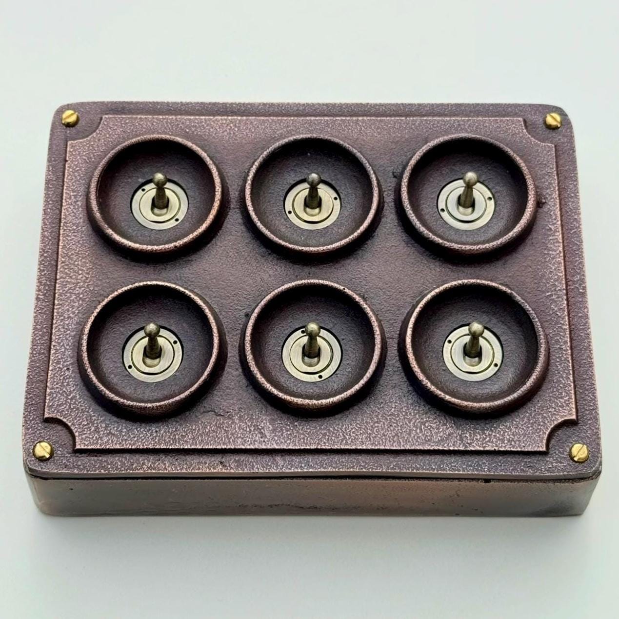 6 Gang 2 Way Antique Copper Solid Cast Metal Conduit Light Switch Industrial - BS EN Vintage Crabtree 1950’s Style