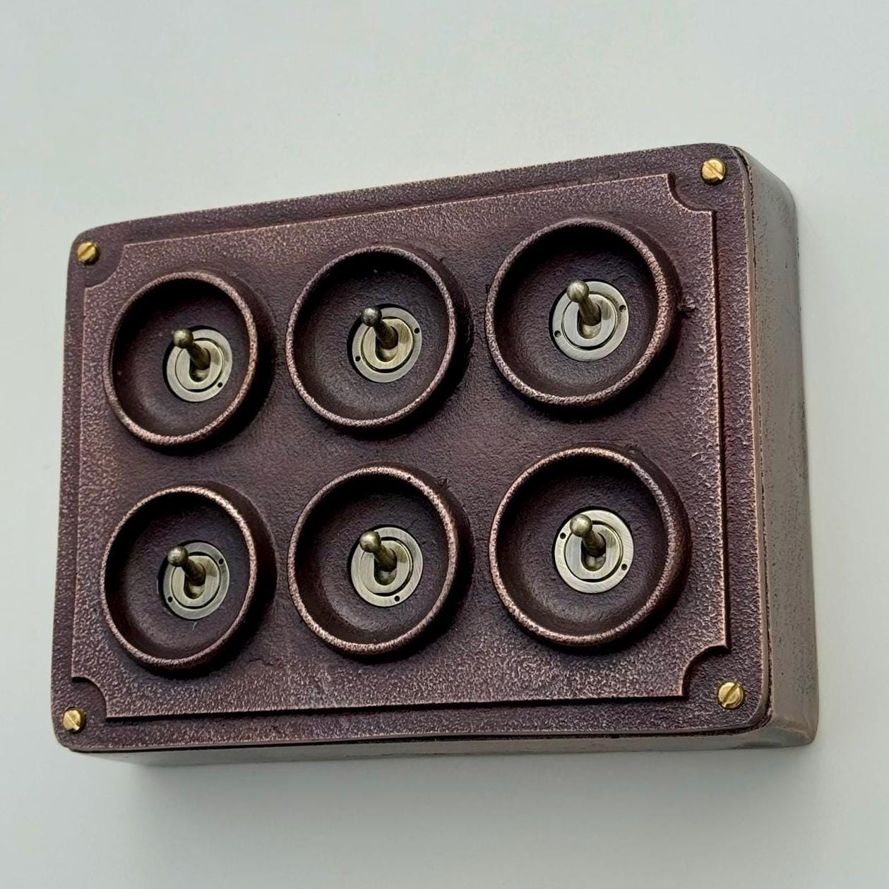 6 Gang 2 Way Antique Copper Solid Cast Metal Conduit Light Switch Industrial - BS EN Vintage Crabtree 1950’s Style