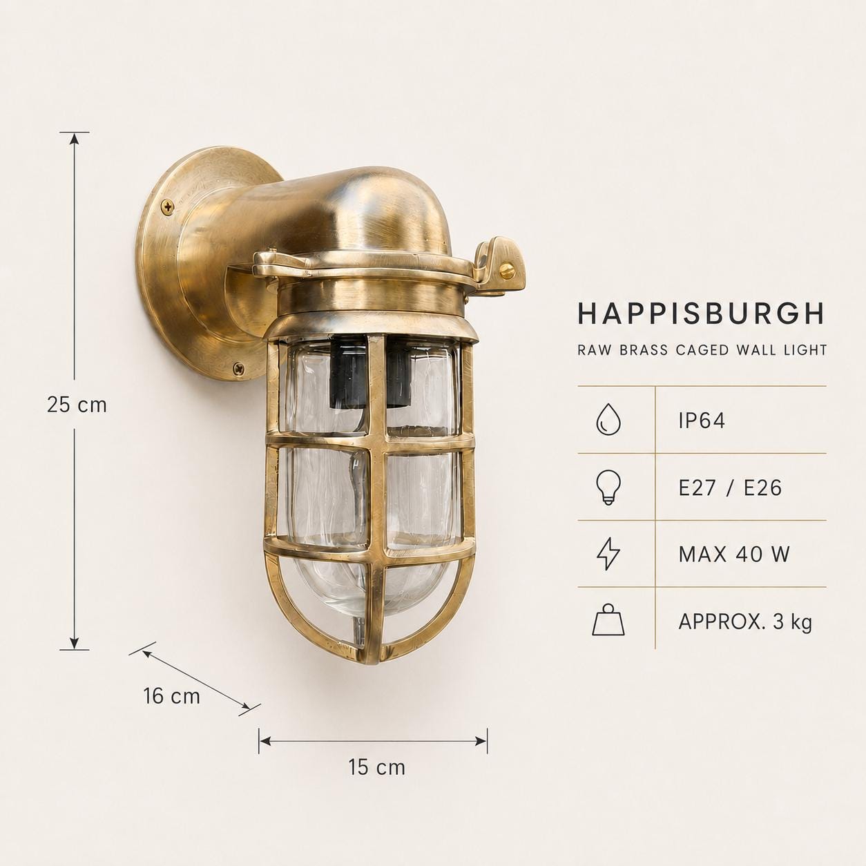 Happisburgh Raw Brass Outdoor & Bathroom Wall Light - IP65